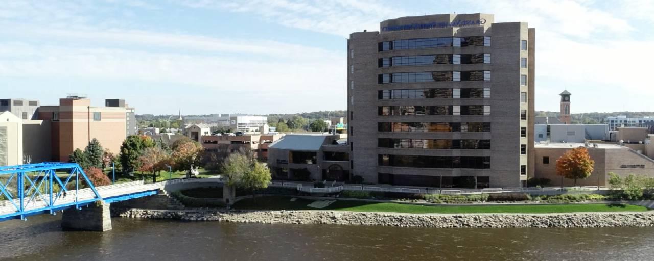 Overlooking GVSU building in front of water